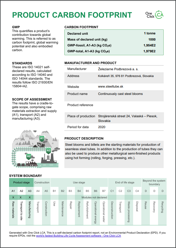 Product Carbon Footprint (PCF) - 
Continuously cast steel blooms